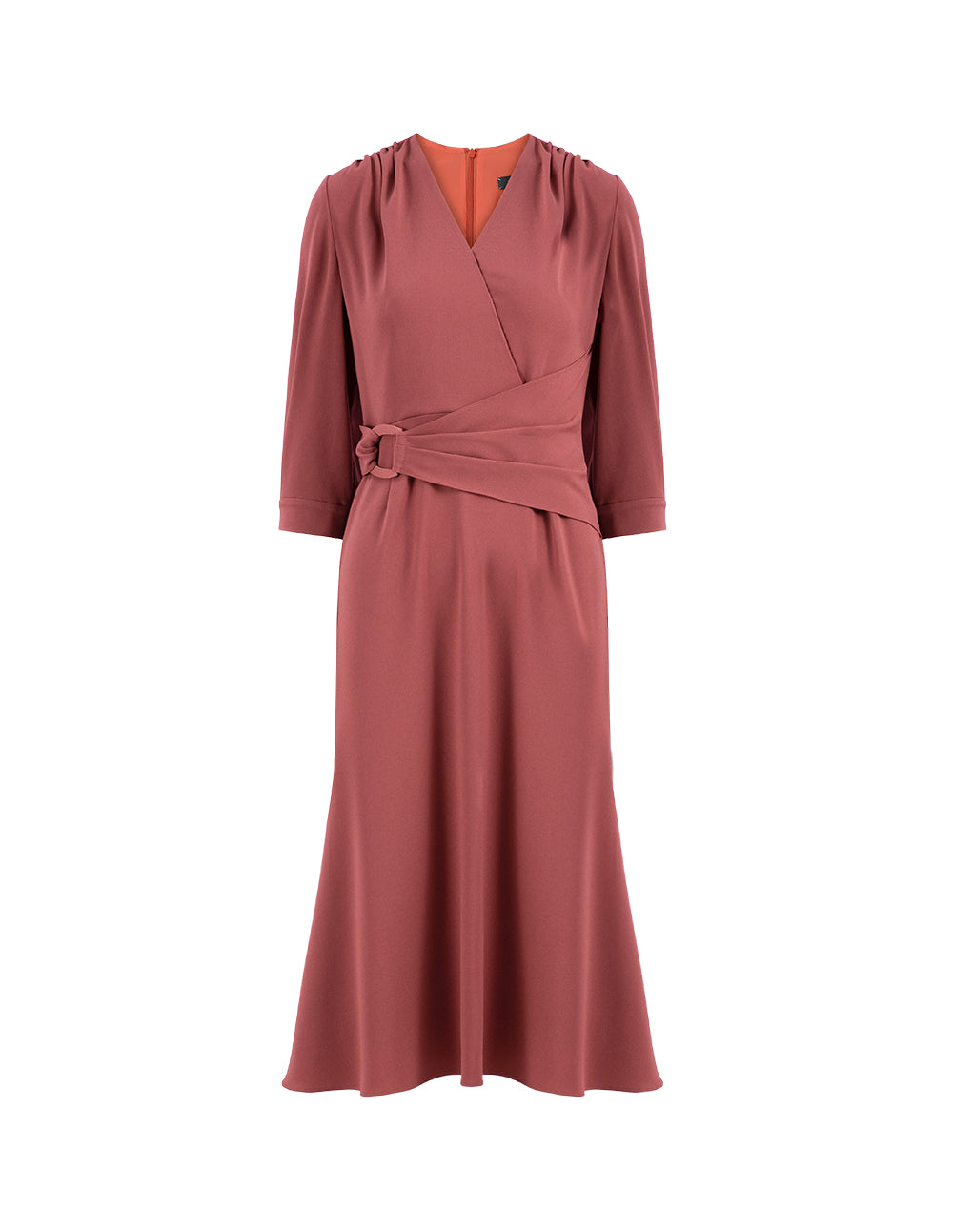 MARYLING Red V-Neck Pleated Waist Knee Mermaid Dress