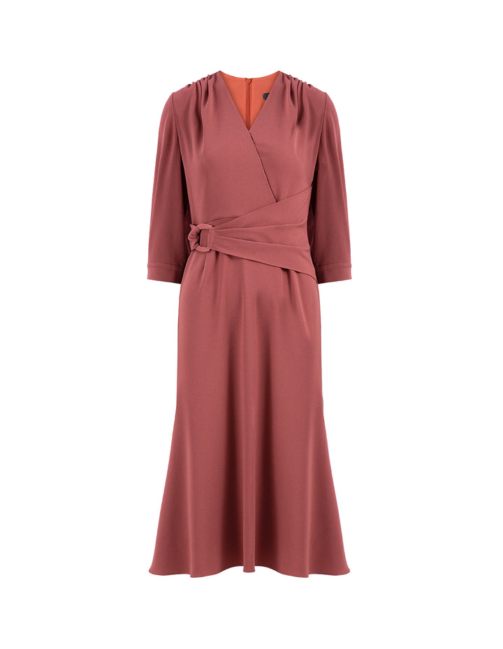 MARYLING Red V-Neck Pleated Waist Knee Mermaid Dress