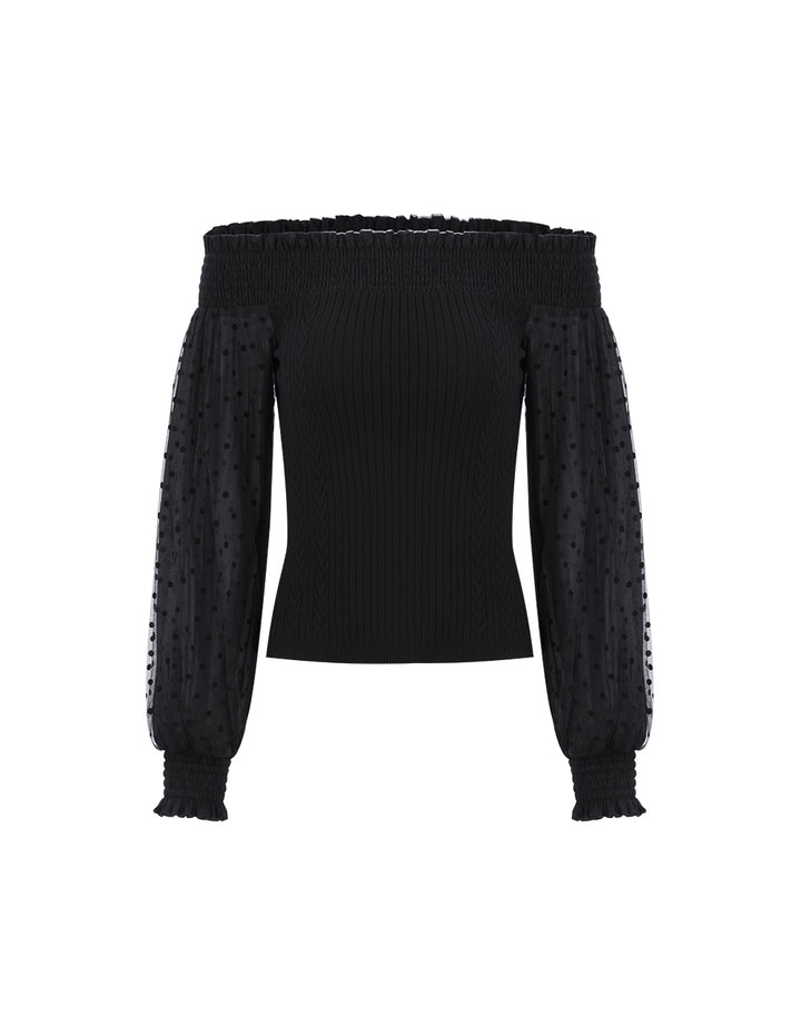 MARYLING One-word neck pleated puff sleeve knitted top