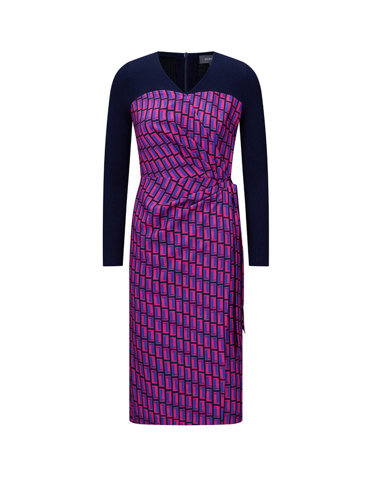 MARYLING blue and red plaid knitted V-neck slim fit dress