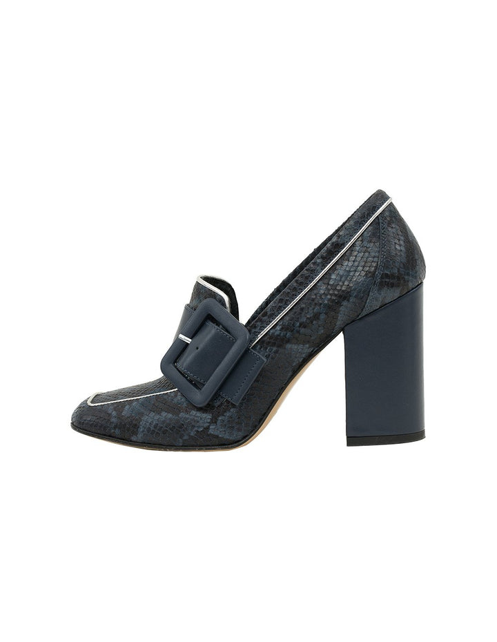 MARYLING Snake Print Leather Buckle High Heel Loafers