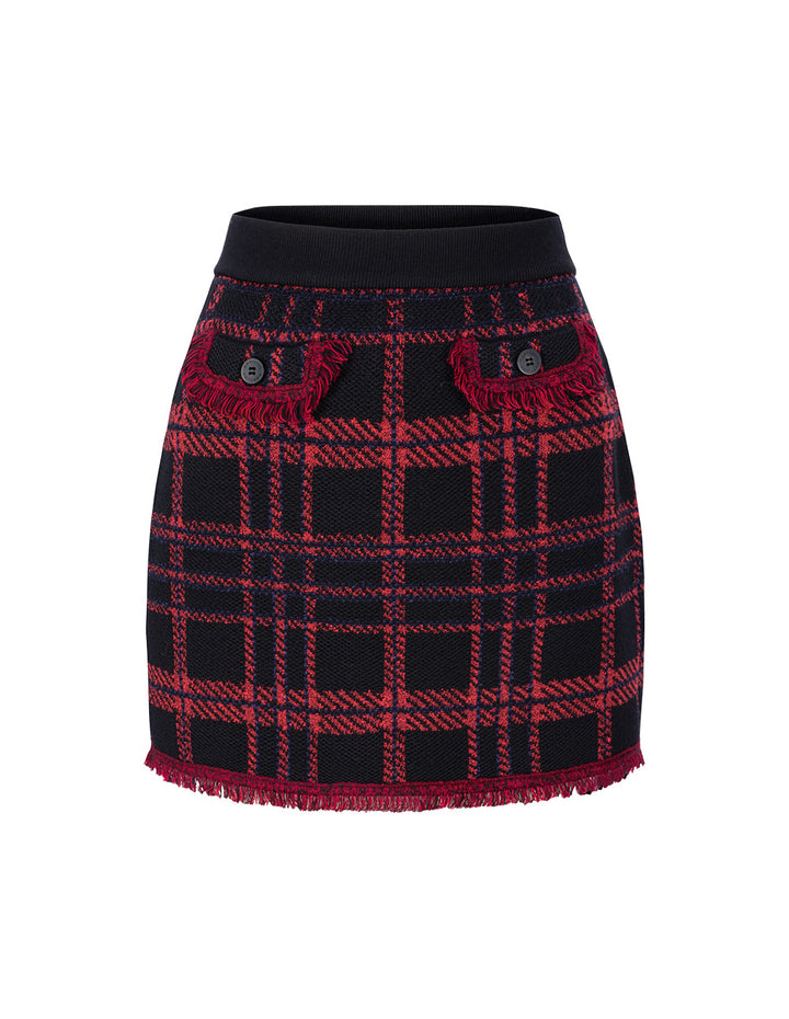 Maryling Black And Red Plaid Fringed Small A-Skirt
