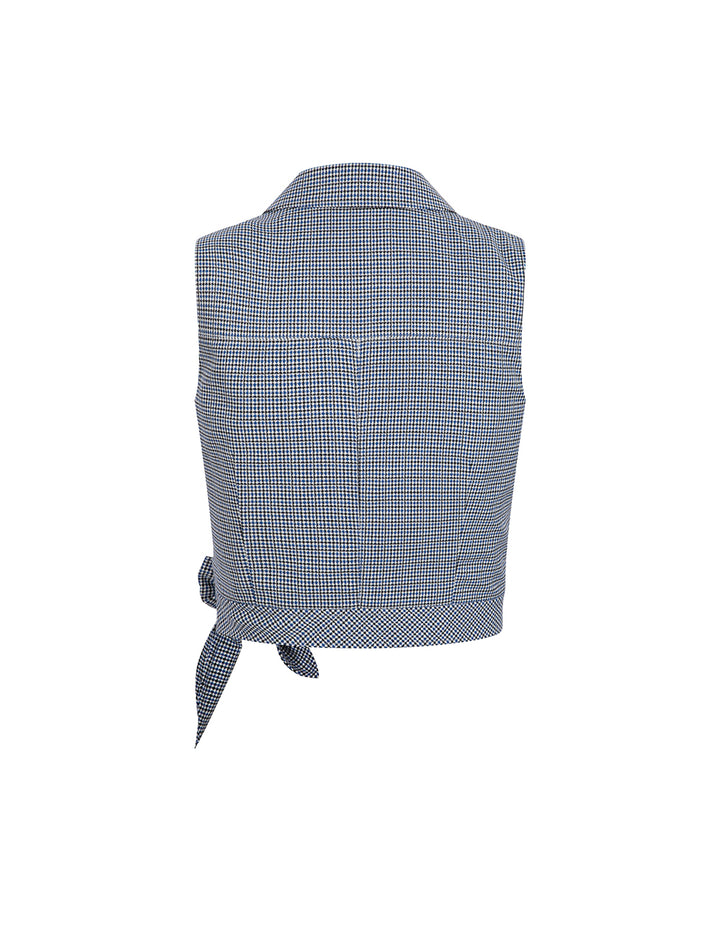 MARYLING Blue And White Small Check Houndstooth Waist Tie Detail Cropped Vest