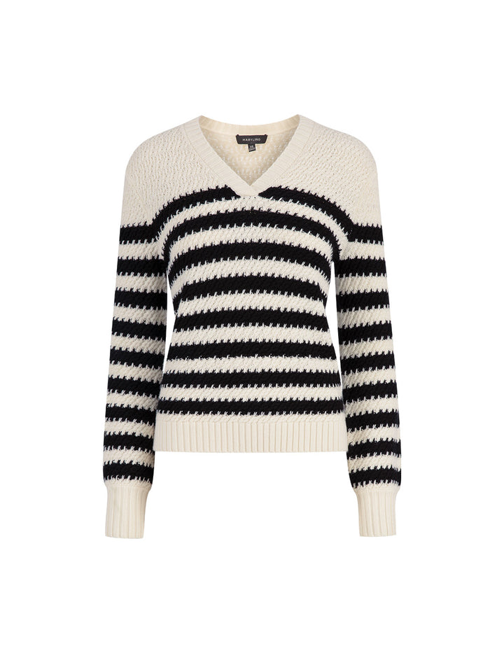 MARYLING  Black And White Contrast Colour V-Neck Blue And White Knitted Pullover