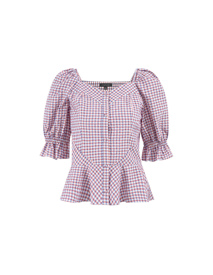 MARYLING Light Purple Checkered V-Neck Puff Sleeve Ruffle Hem Top