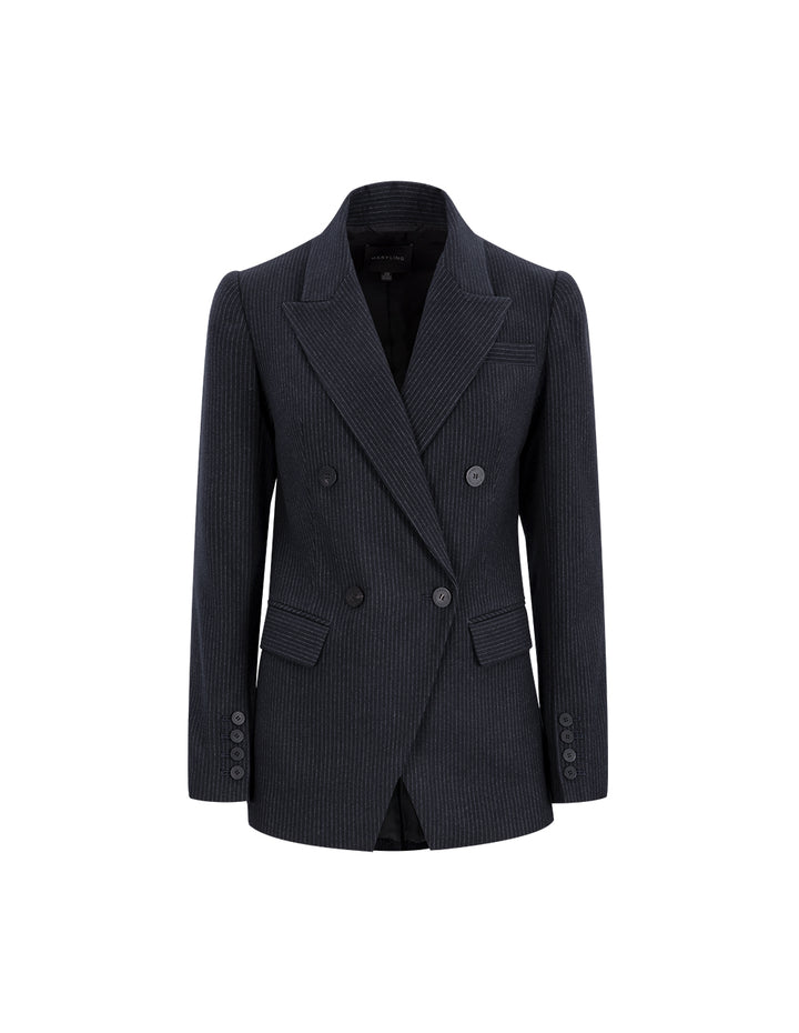 Maryling Navy Stripe Turn-Up Collar Double-Breasted Blazer