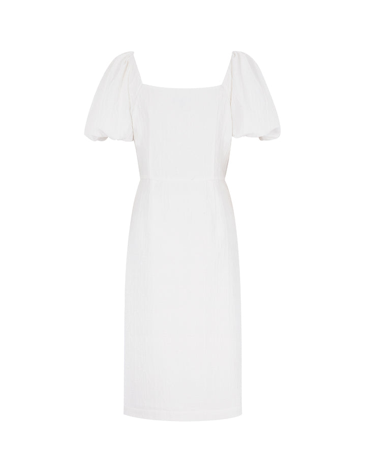 MARYLING Ivory White Square Neck Bubble Sleeve Jacquard Straight Dress