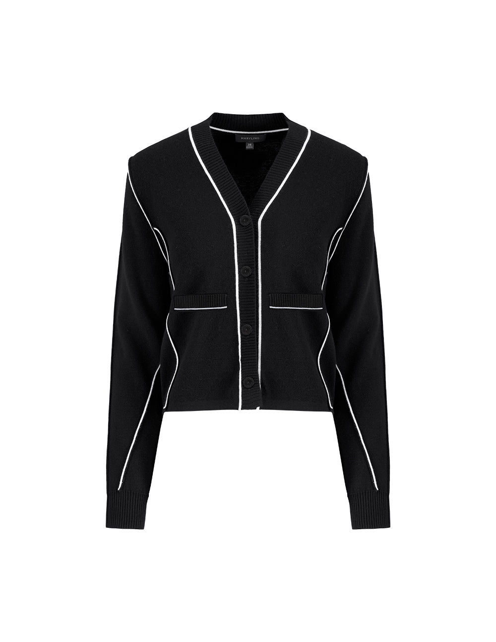 MARYLING Black Lapel Short Puff Sleeve Double-Breasted Knitted Cardigan
