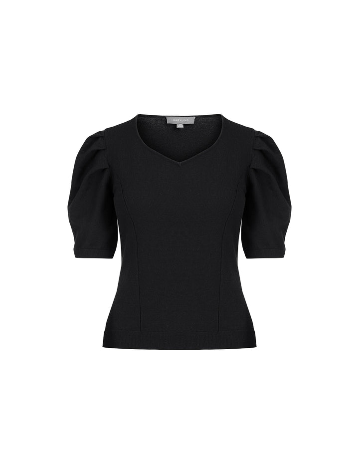 MARYLING Black Heart-Shaped Collar Large Pleated Knitted Top