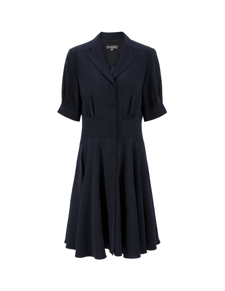 MARYLING Navy Pleated Dress With Blazer Collar