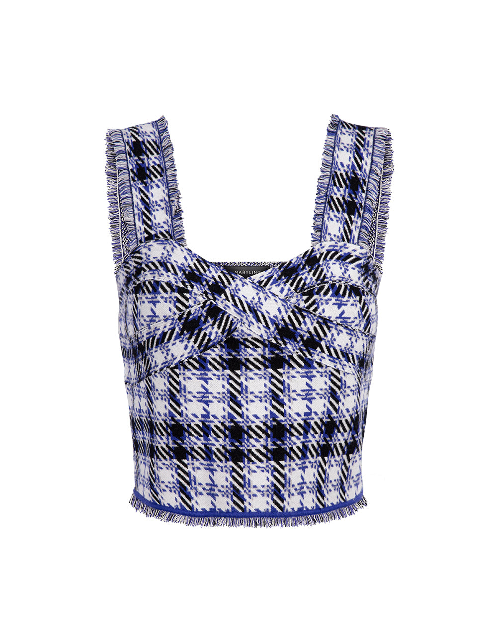 MARYLING Blue And White Plaid Tassel Plaid Knitted Top