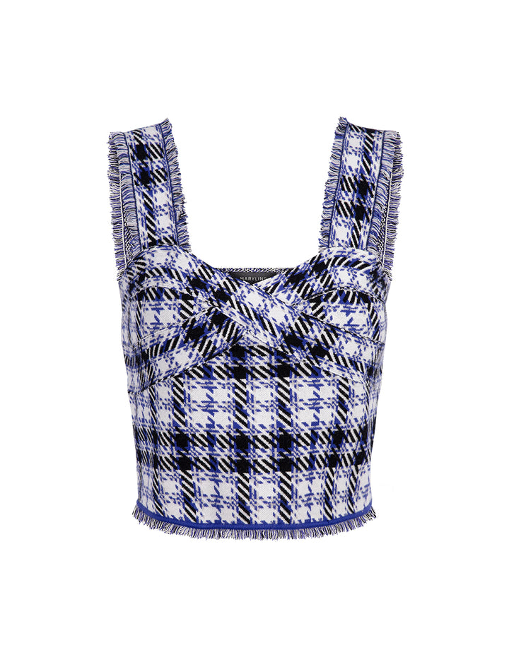 MARYLING Blue And White Plaid Tassel Plaid Knitted Top