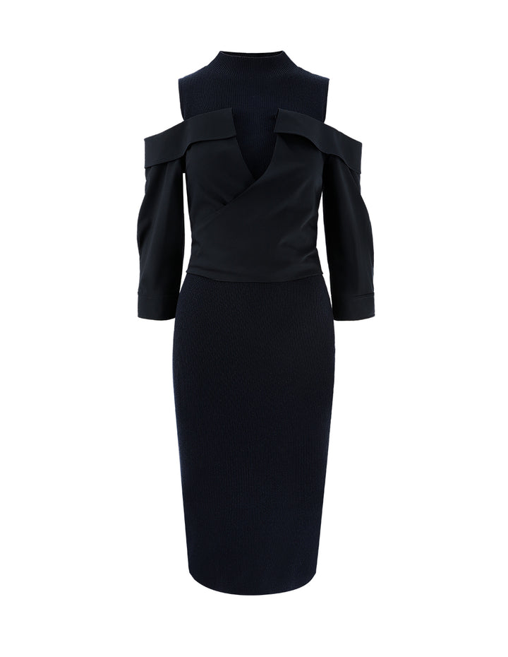 MARYLING Semi-Turtleneck Knit Spliced Woven Dress