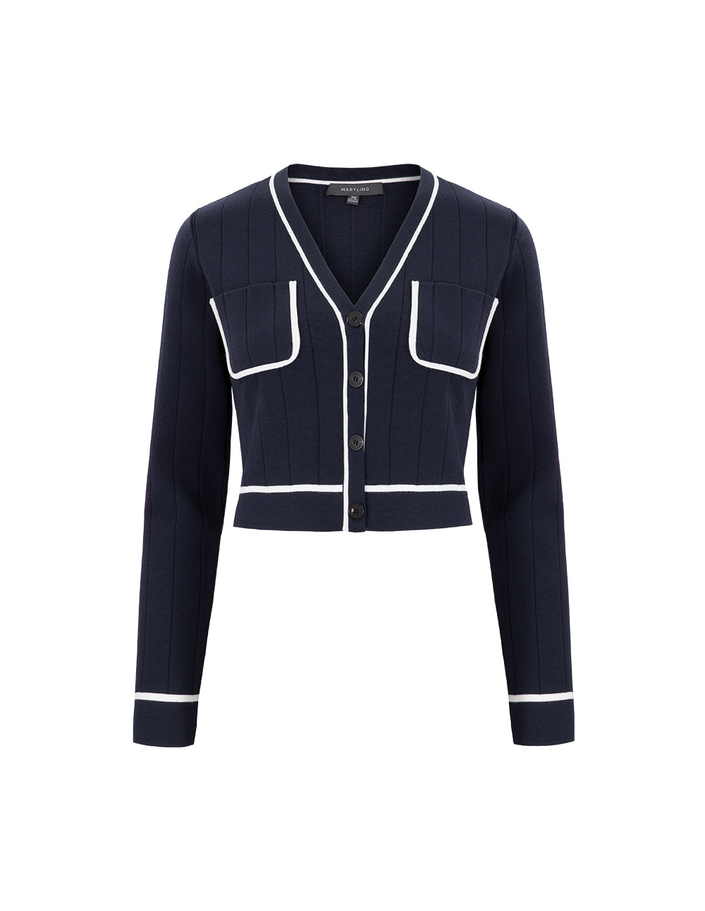 MARYLING Dark Blue Knitted Cardigan With White Trim