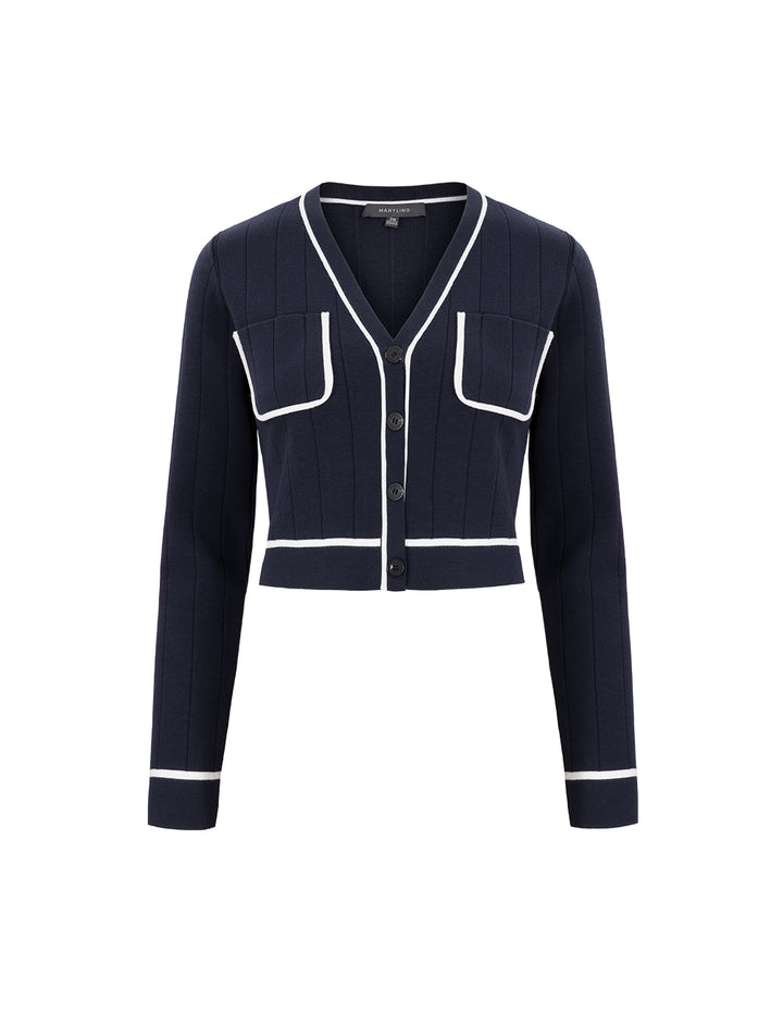 MARYLING Dark Blue Knitted Cardigan With White Trim
