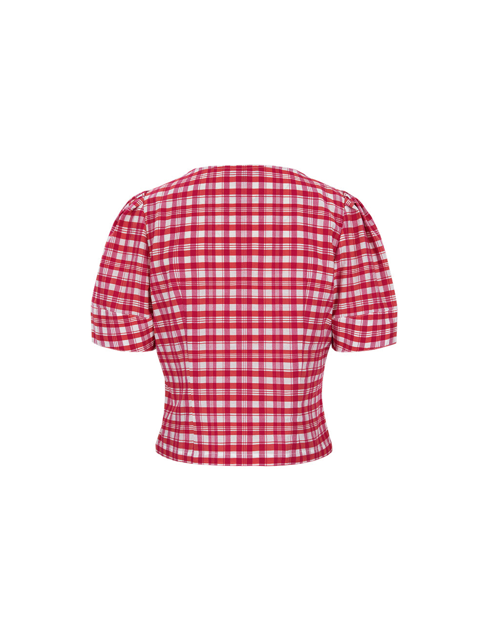 MARYLING Pink Plaid Square Neck Bubble Sleeve Plaid Top