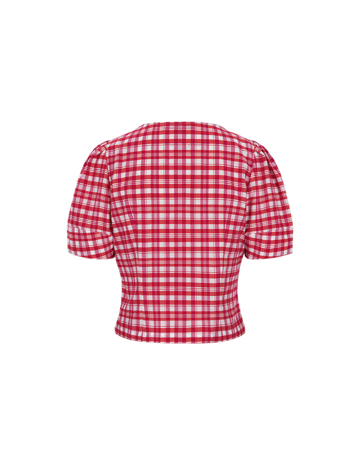 MARYLING Pink Plaid Square Neck Bubble Sleeve Plaid Top