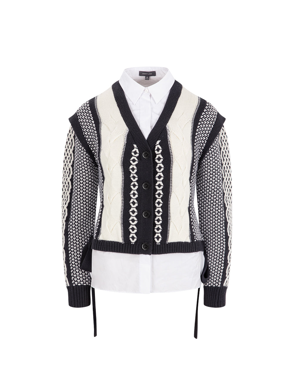 MARYLING Shirt Collar Black And White Knit Woven Cardigan