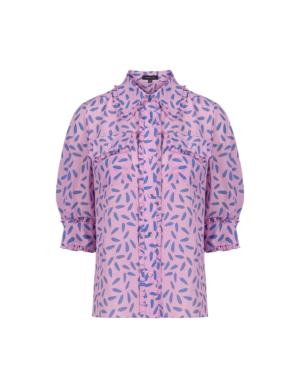 MARYLING Dreamy Pink Printed Cropped Sleeves Silk Shirt
