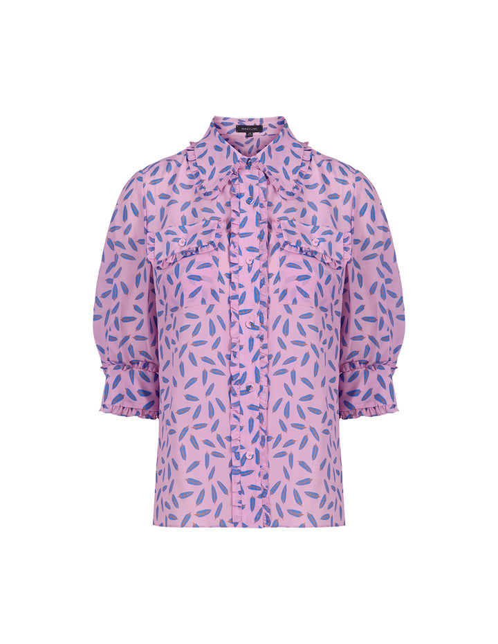 MARYLING Dreamy Pink Printed Cropped Sleeves Silk Shirt