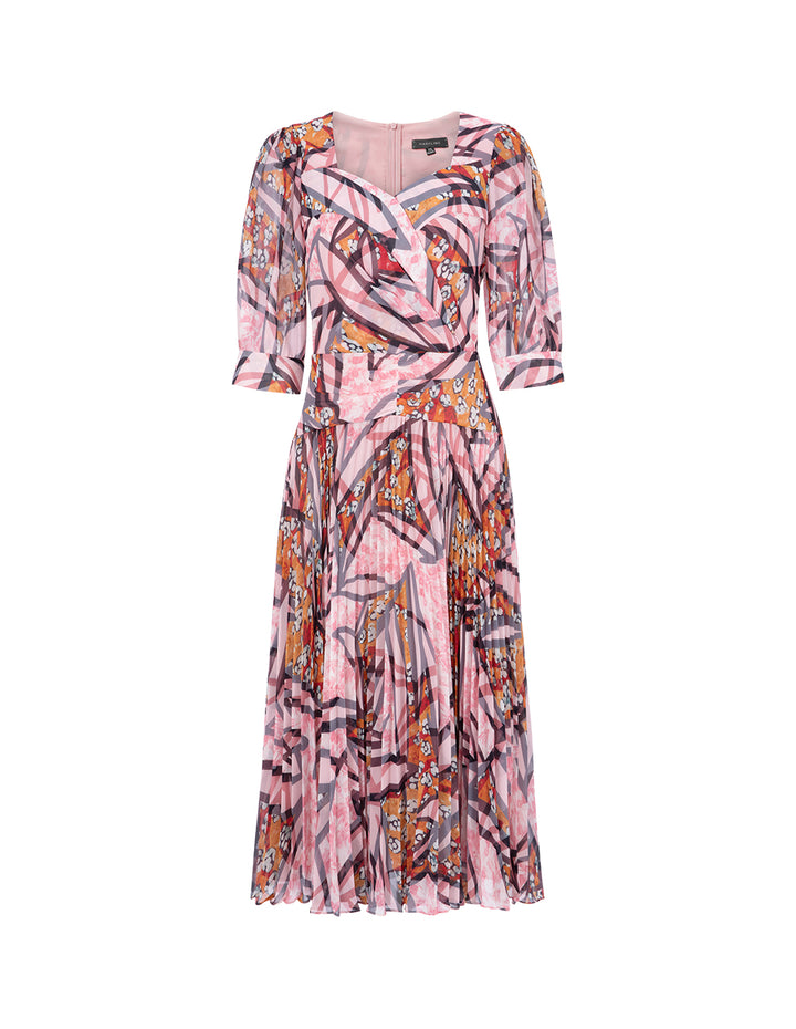 MARYLING Peach Blossom Square V Neck Cross Pleated Print Dress