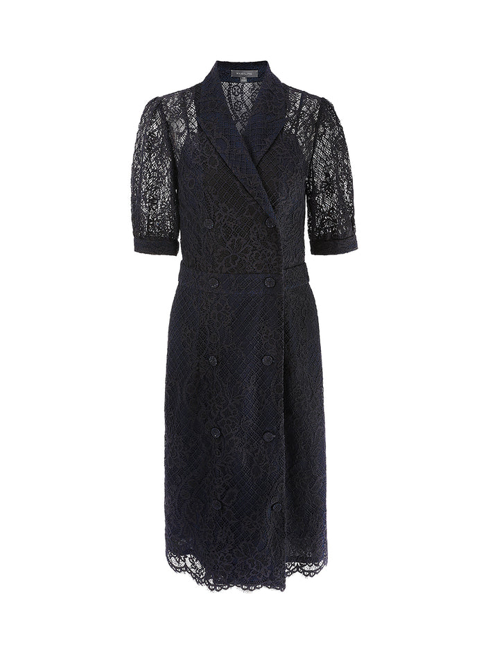 MARYLING Peak-Lapel Midi Lace Dress