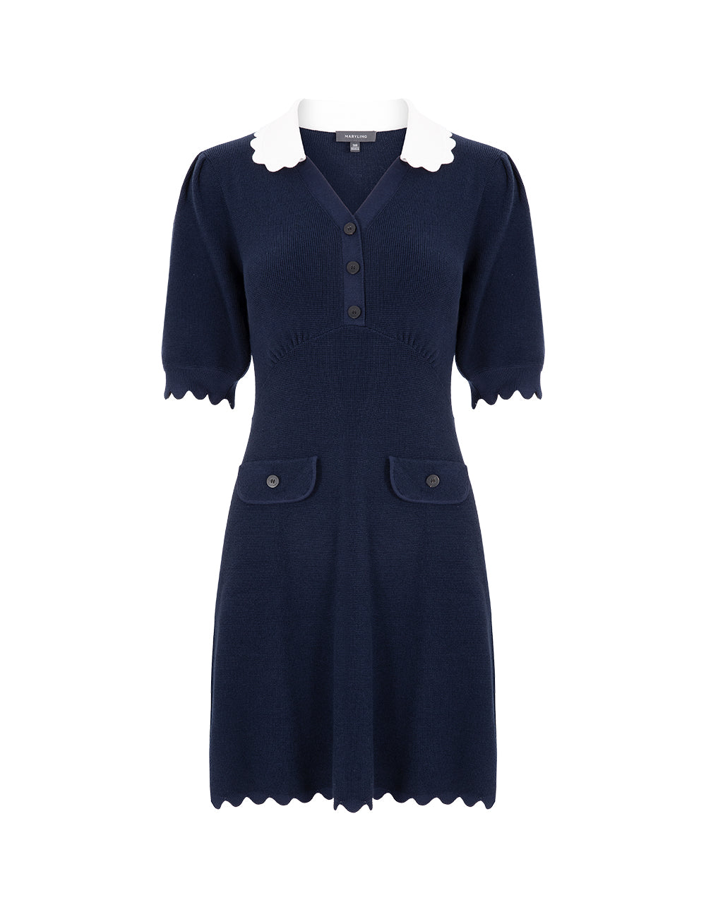MARYLING Blue And White Paneled Wavy Trim Wool Dress