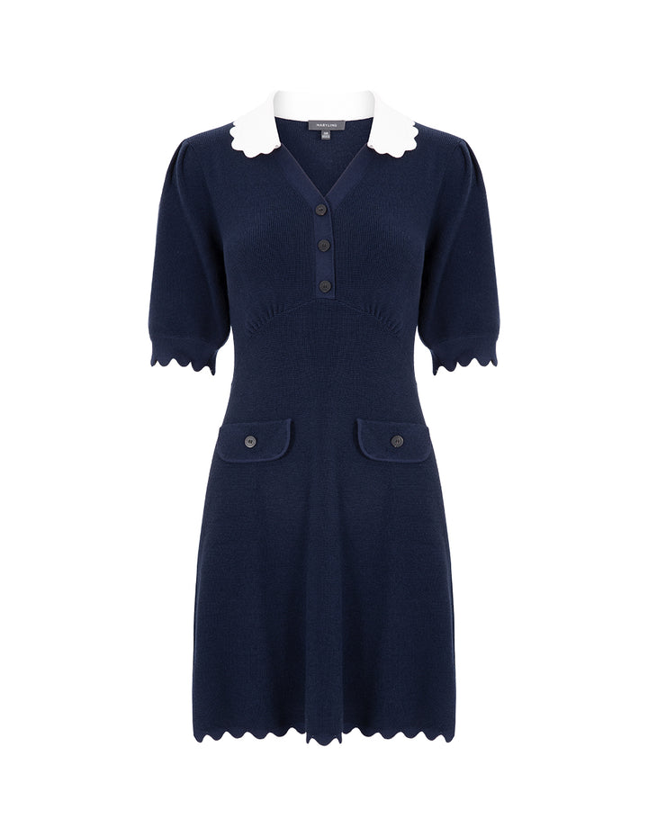 MARYLING Blue And White Paneled Wavy Trim Wool Dress