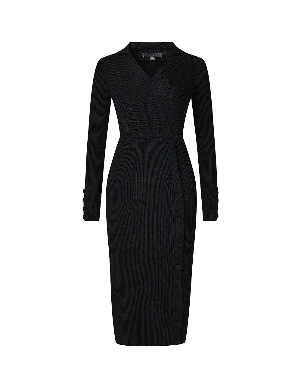 MARYLING black all-match slim V-neck knitted dress