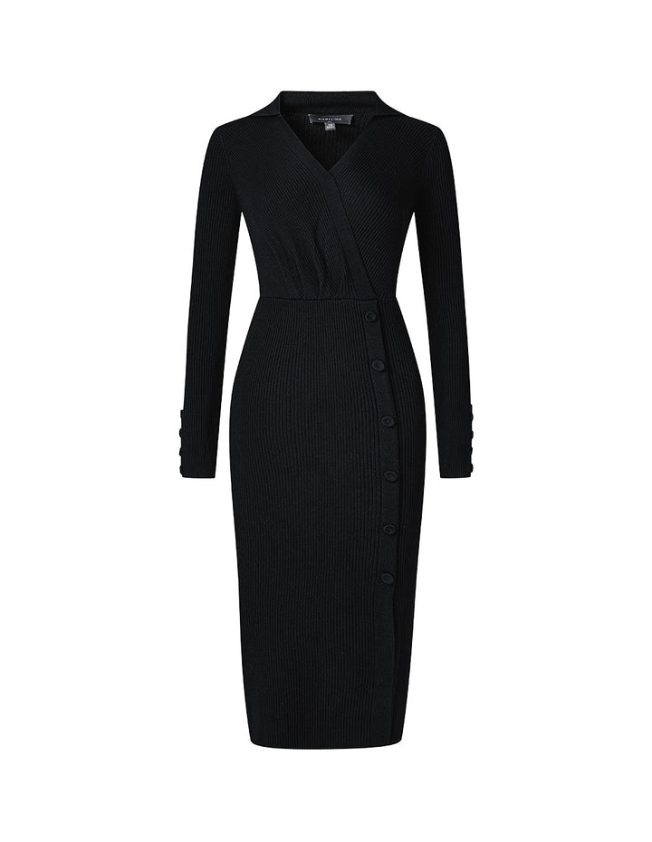 MARYLING black all-match slim V-neck knitted dress