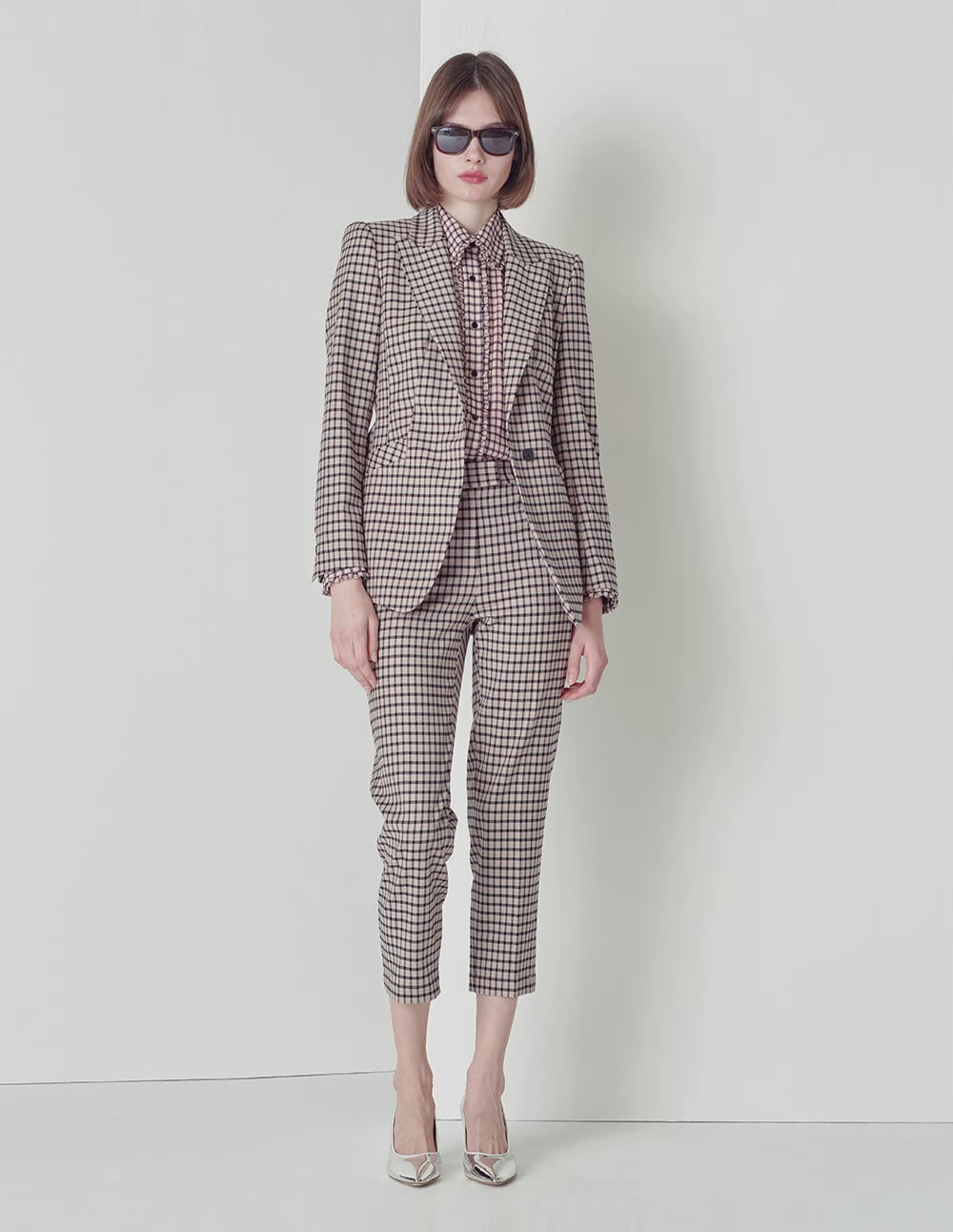 MARYLING Black and pink plaid houndstooth nine-point suit pants