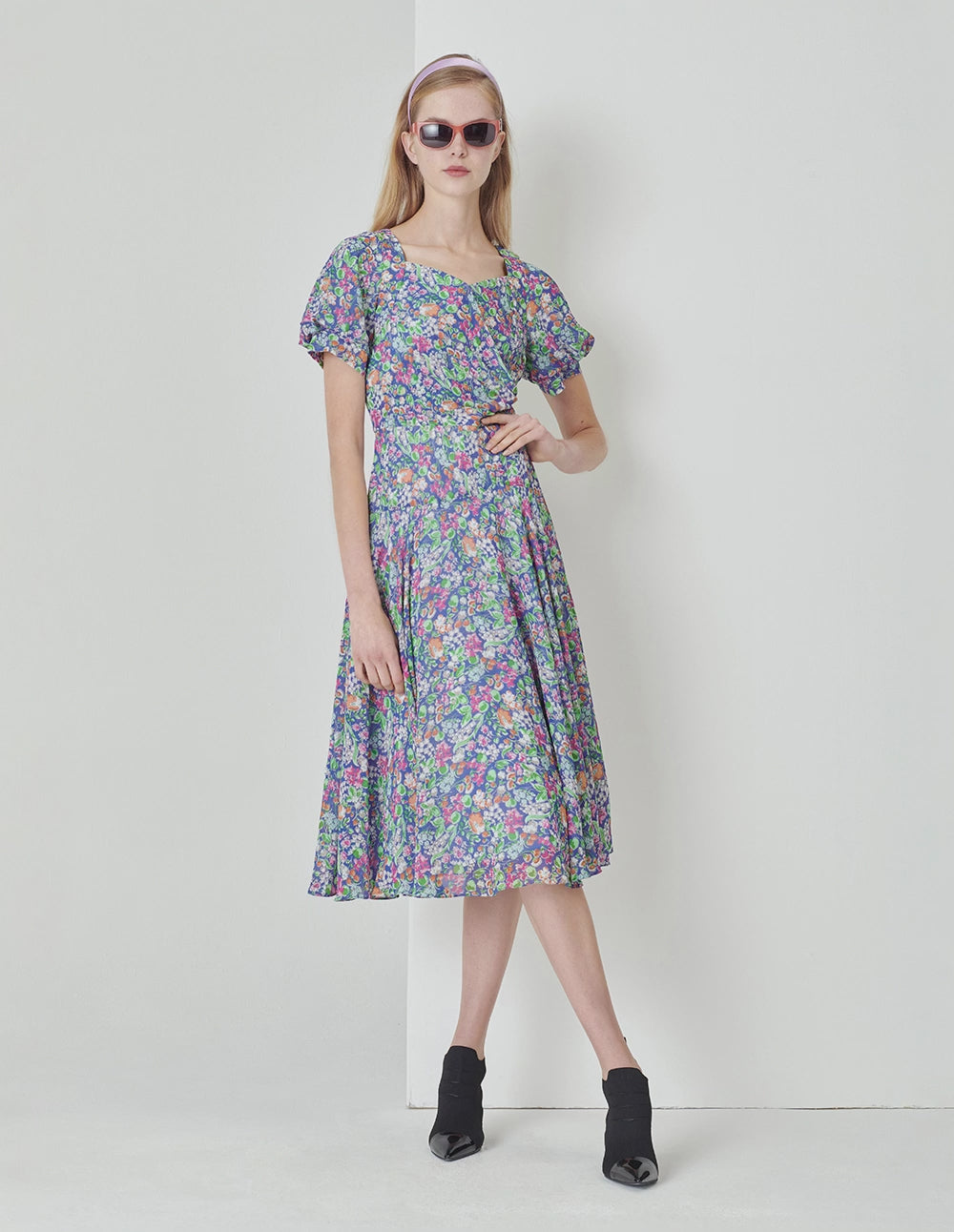 MARYLING Colourful Underwater Garden Square V-Neck Pinched Print Dress