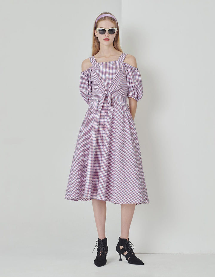 MARYLING Light Purple Checkered V-Neck Puff Sleeves Bowknot Decorated Dress