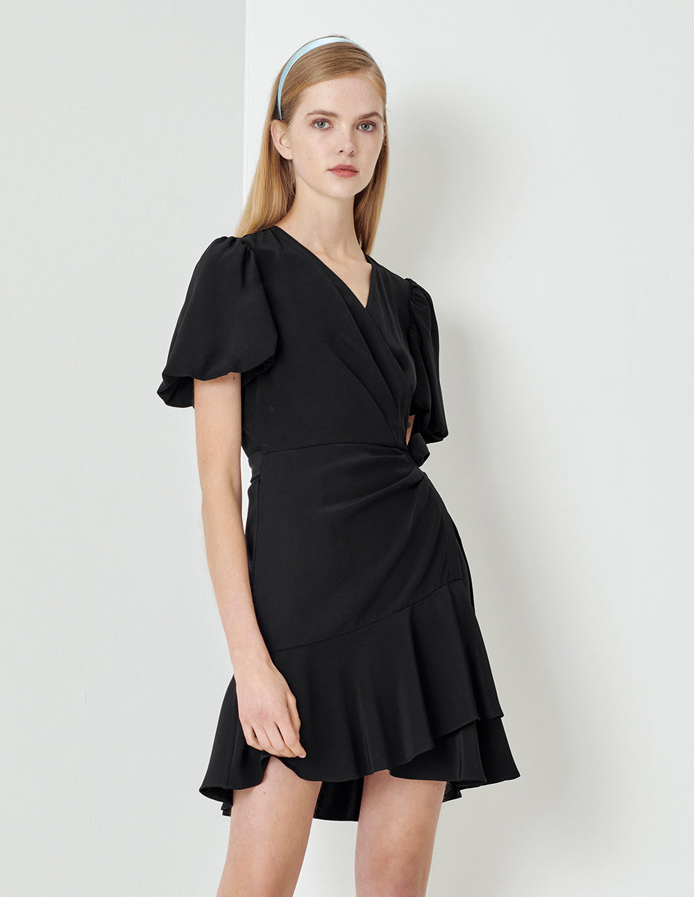 MARYLING Black V Neck One Piece Ruffle Dress