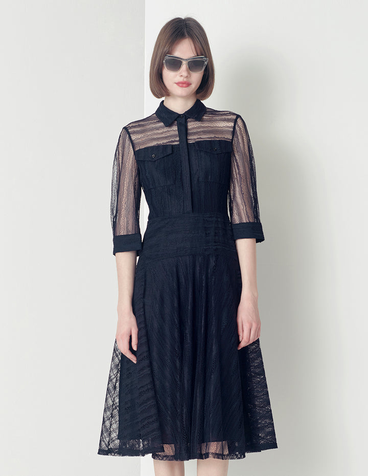 MARYLING Dark Blue Lace Shirt Dress