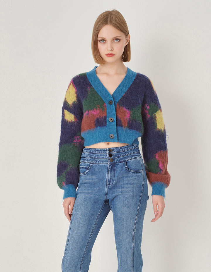 MARYLING Blue Graffiti Mixed Color Knitted Cardigan