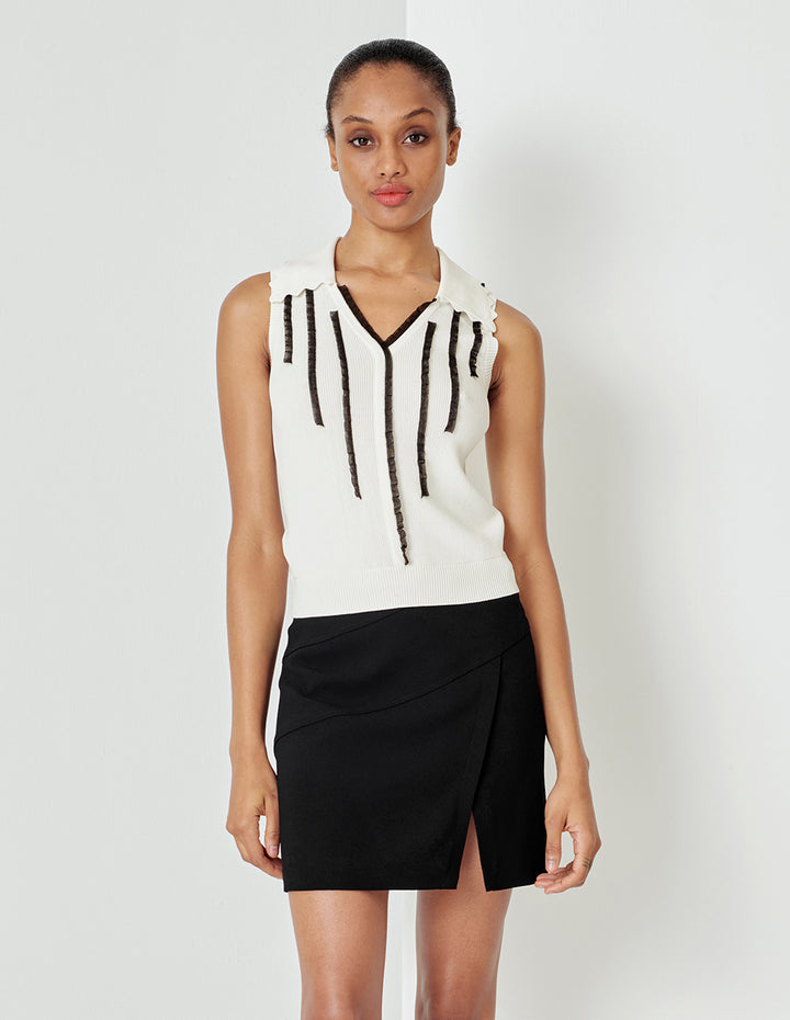 MARYLING White V-Neck Knitted Vest With Collar