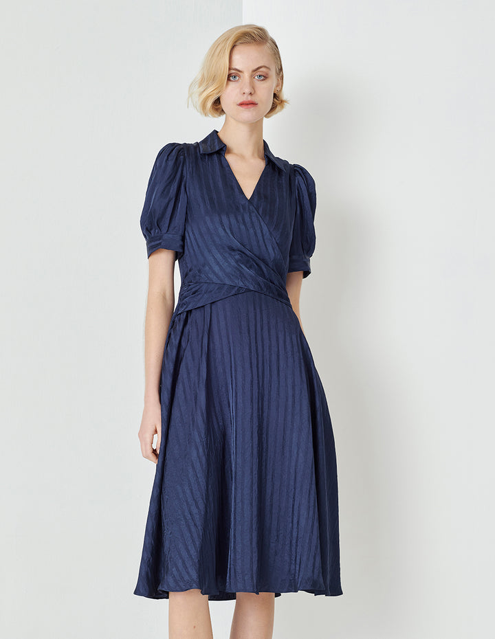 MARYLING Midnight Blue V-Neck Umbrella Hem Striped Dress
