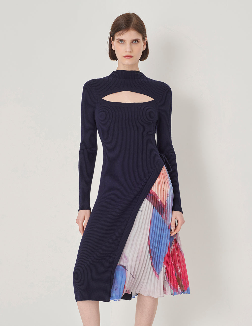 MARYLING Needle-Chiffon Printed Pleated Dress