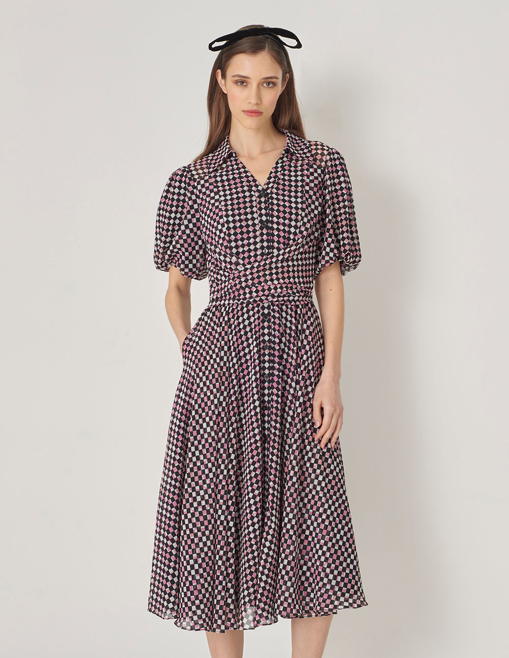 MARYLING Red Berry Plaid Shirt Collar Cross Tie Puff Sleeve Dress