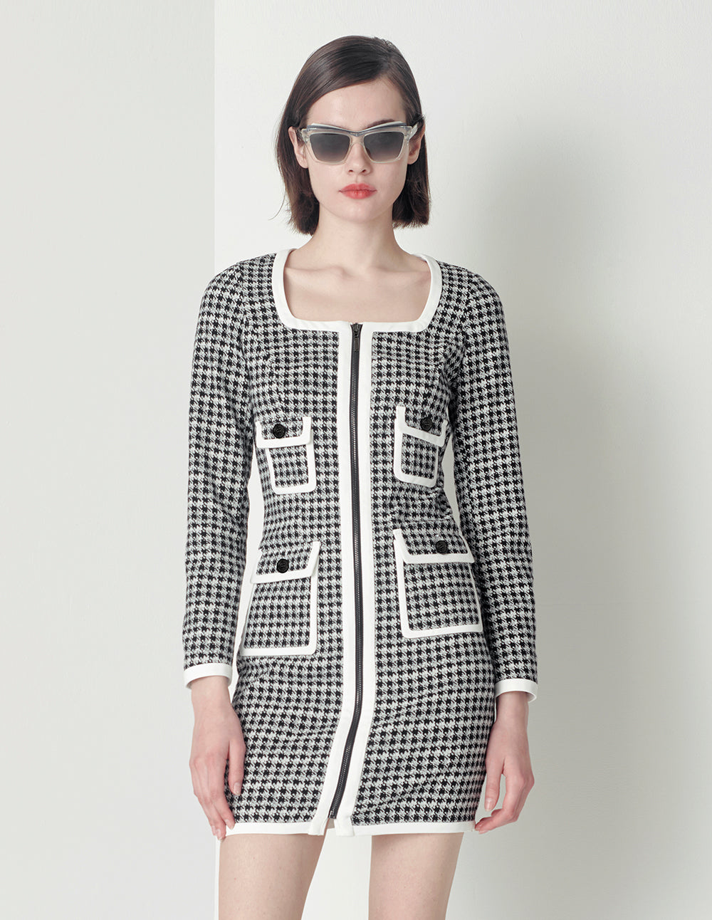 MARYLING Black and white houndstooth contrast color fringe dress