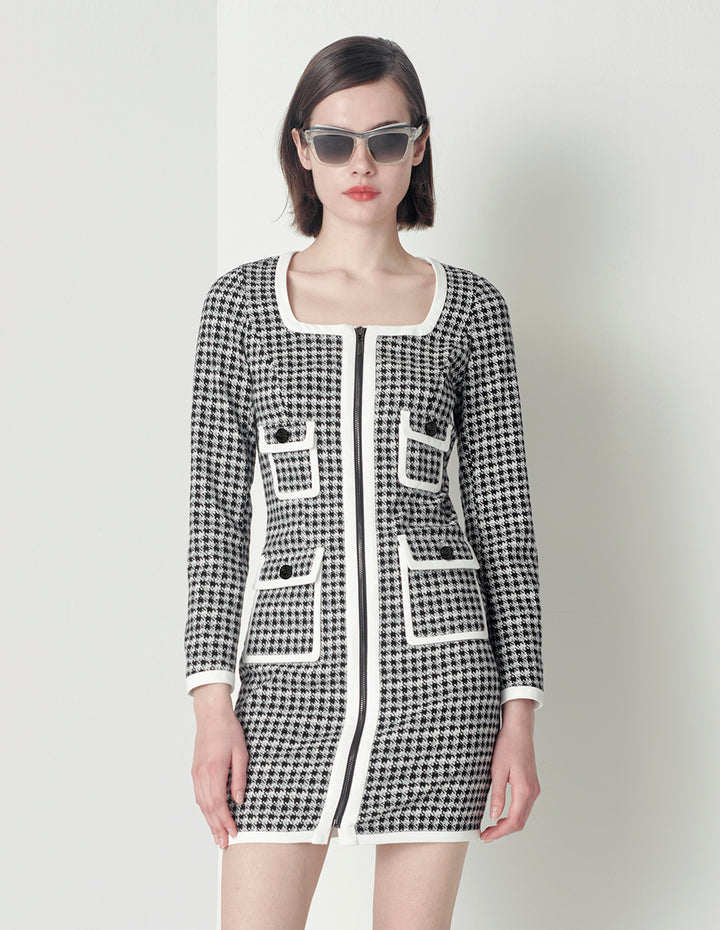 MARYLING Black and white houndstooth contrast color fringe dress