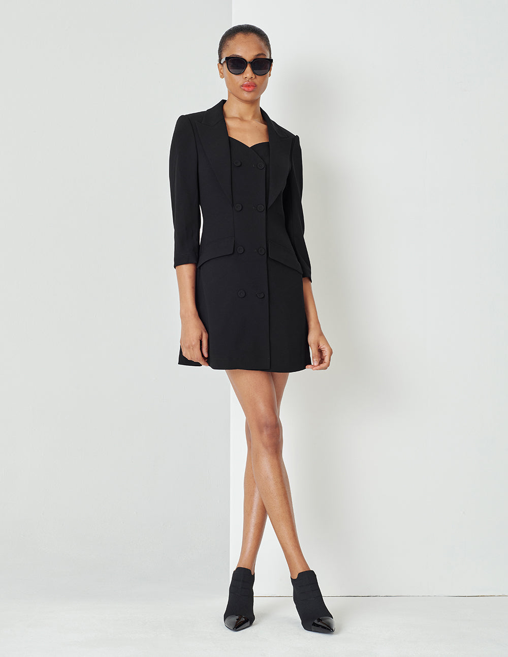 MARYLING Lapel Collar Double-Breasted Black Short Dress