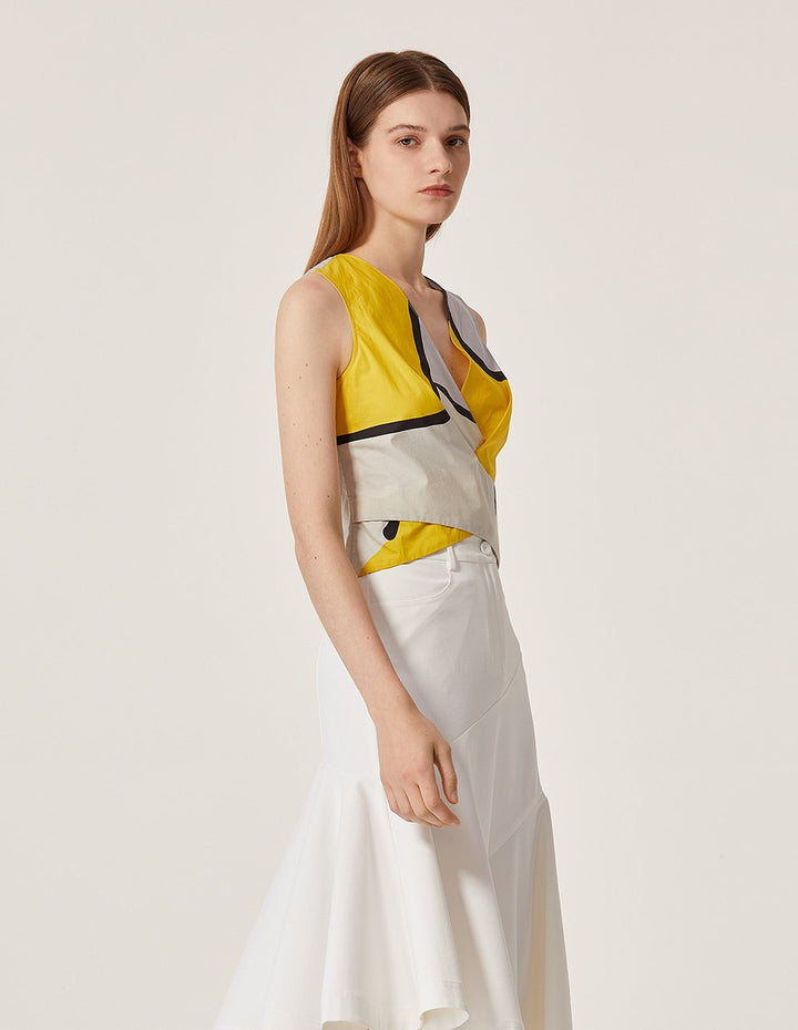 MARYLING Cotton V Neck Contrast Color Sleeveless Cropped Blouse