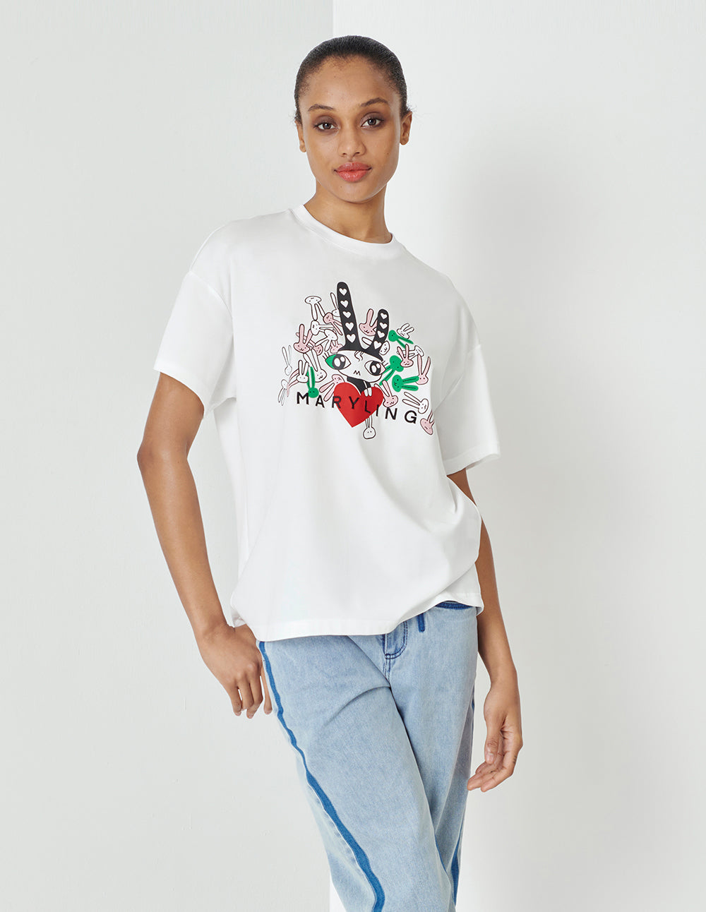 MARYLING White Rabbit Print Loose Fit Short Sleeve T-Shirt