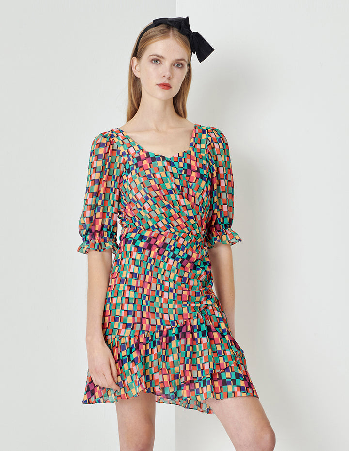 MARYLING Colourful Checkered Ruffle Detail Bubble Sleeve Printed Dress