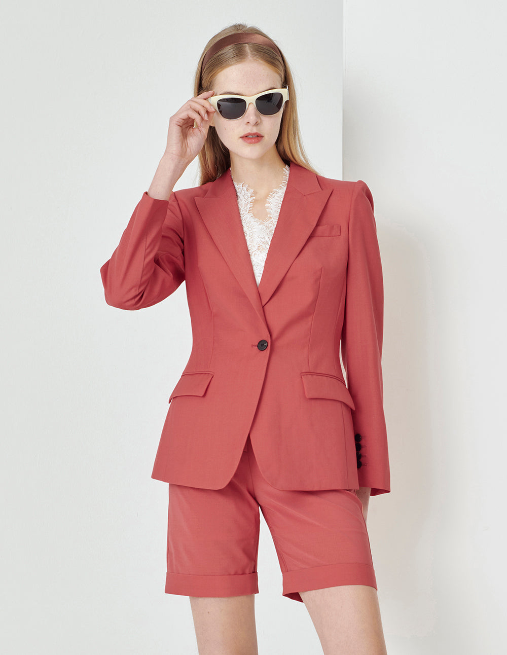 MARYLING Coral Orange Waisted Single Button Suit
