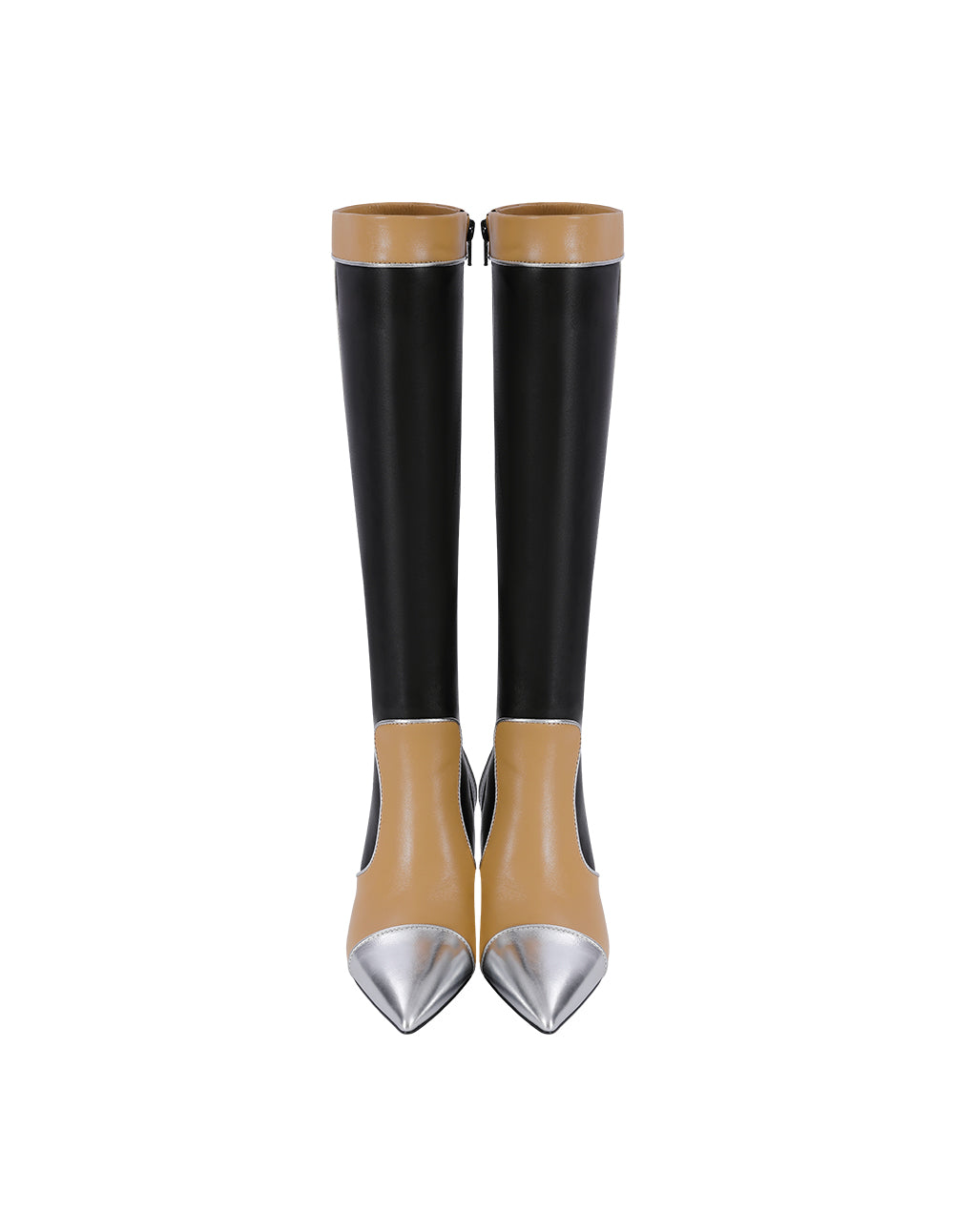 MARYLING Black And Beige Colour Matching Pointed Toe Stiletto Heeled Sheepskin Boots