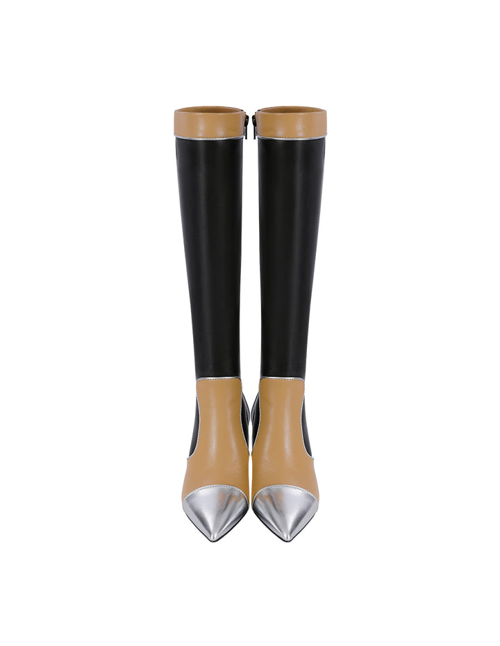 MARYLING Black And Beige Colour Matching Pointed Toe Stiletto Heeled Sheepskin Boots