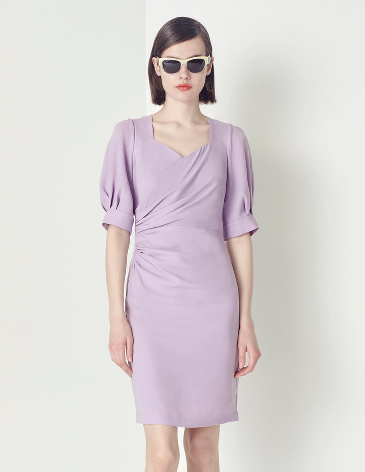 MARYLING V-Neck Puffed Sleeves Gathered Dress